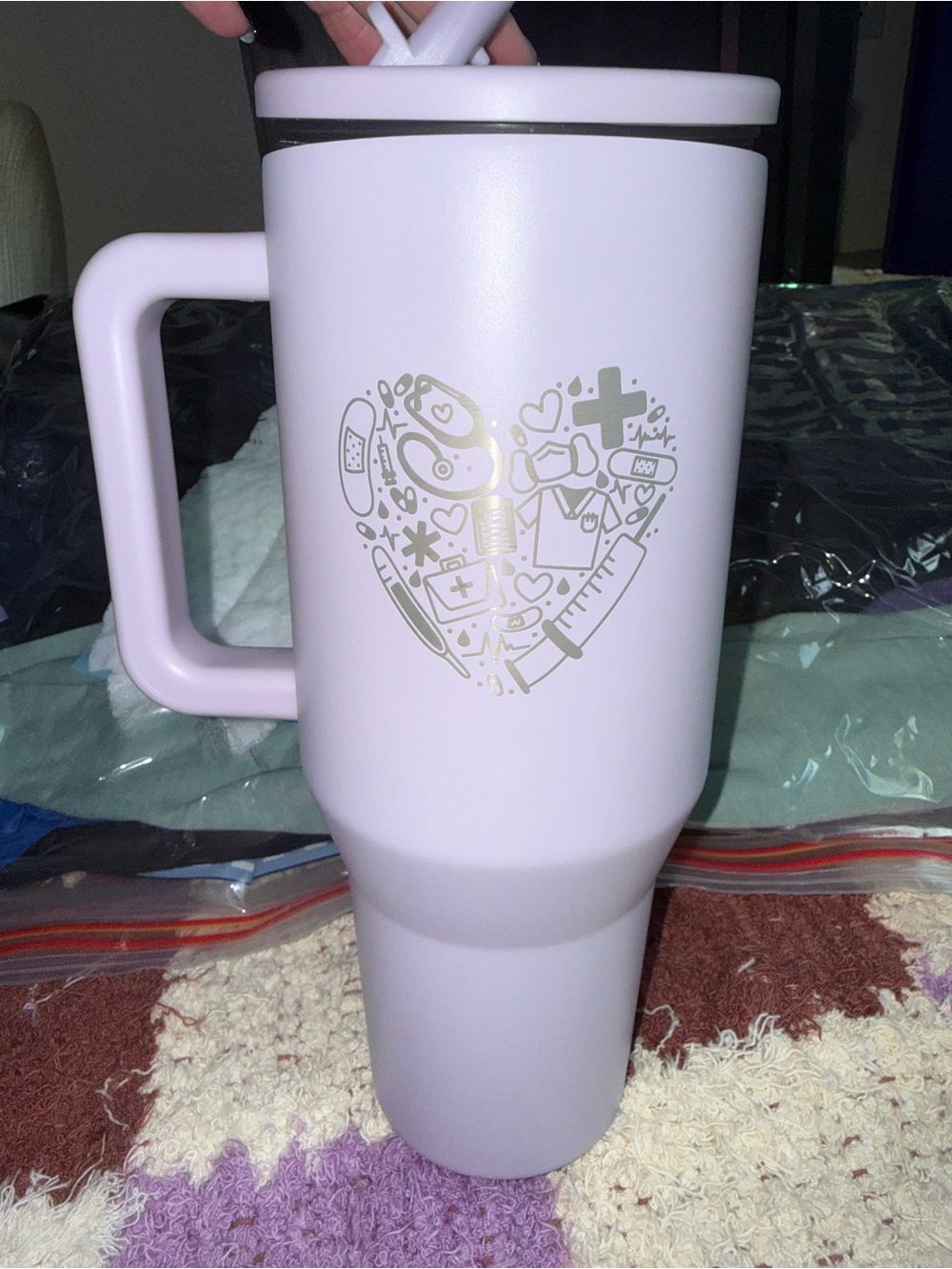 Hydro Jug Lavender Insulated Travel Mug with engraved Medical Heart